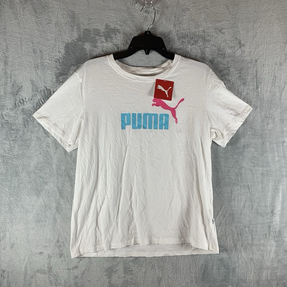 Puma Women's T Shirt L Essentials Logo Tee White 100% Cotton Gym Crew Neck NWT
